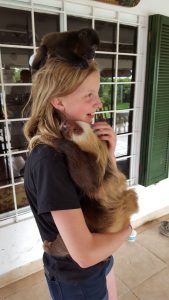 That's a baby monkey on her head and huggable sloth.